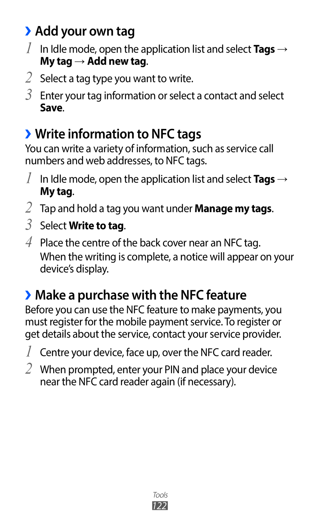 Samsung GT-I9100LKNXEF manual ››Add your own tag, ››Write information to NFC tags, ››Make a purchase with the NFC feature 