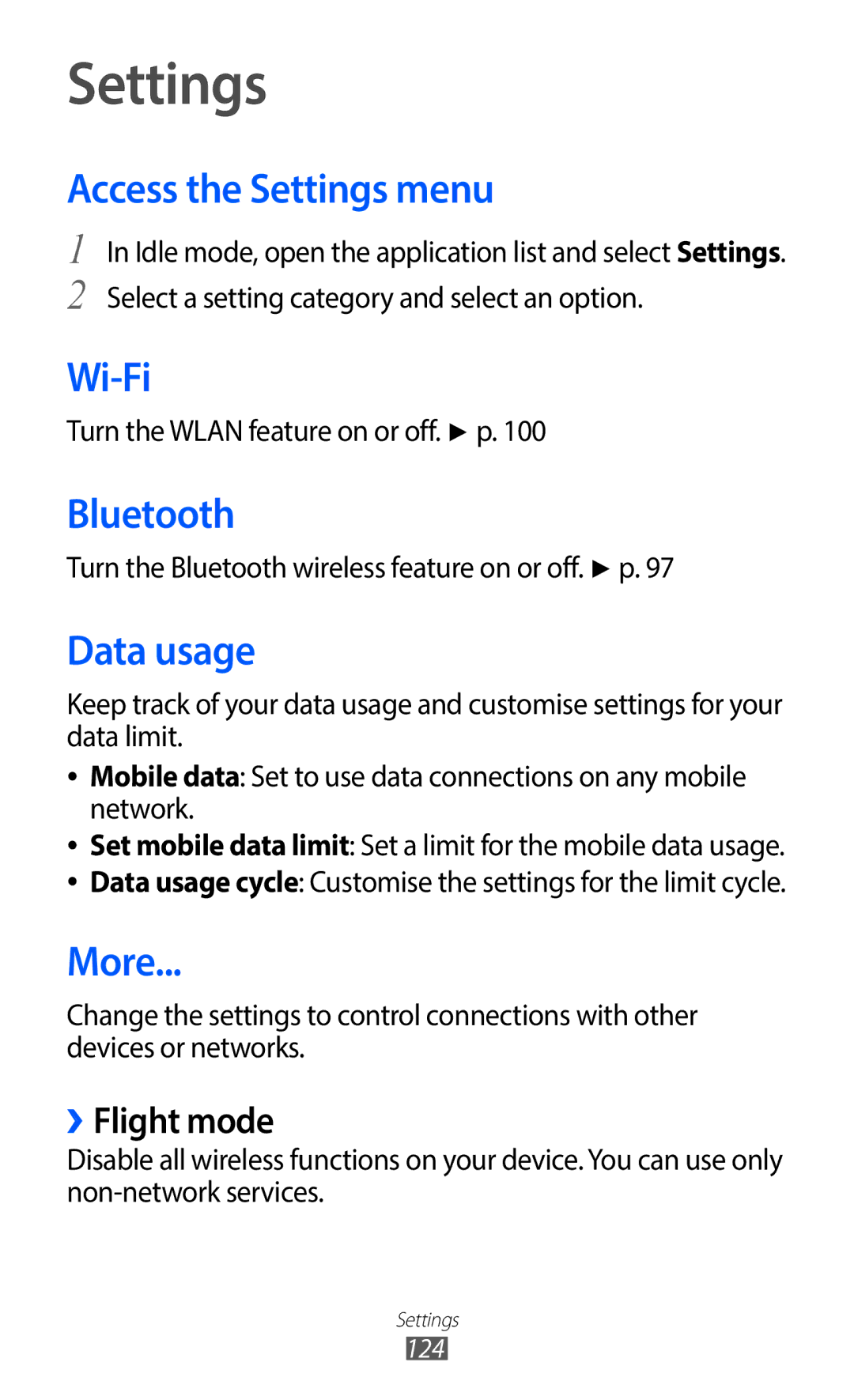 Samsung GT-I9100SWNSFR, GT-I9100LKNFTM, GT-I9100RWNLPM manual Access the Settings menu, Data usage, More, ››Flight mode 