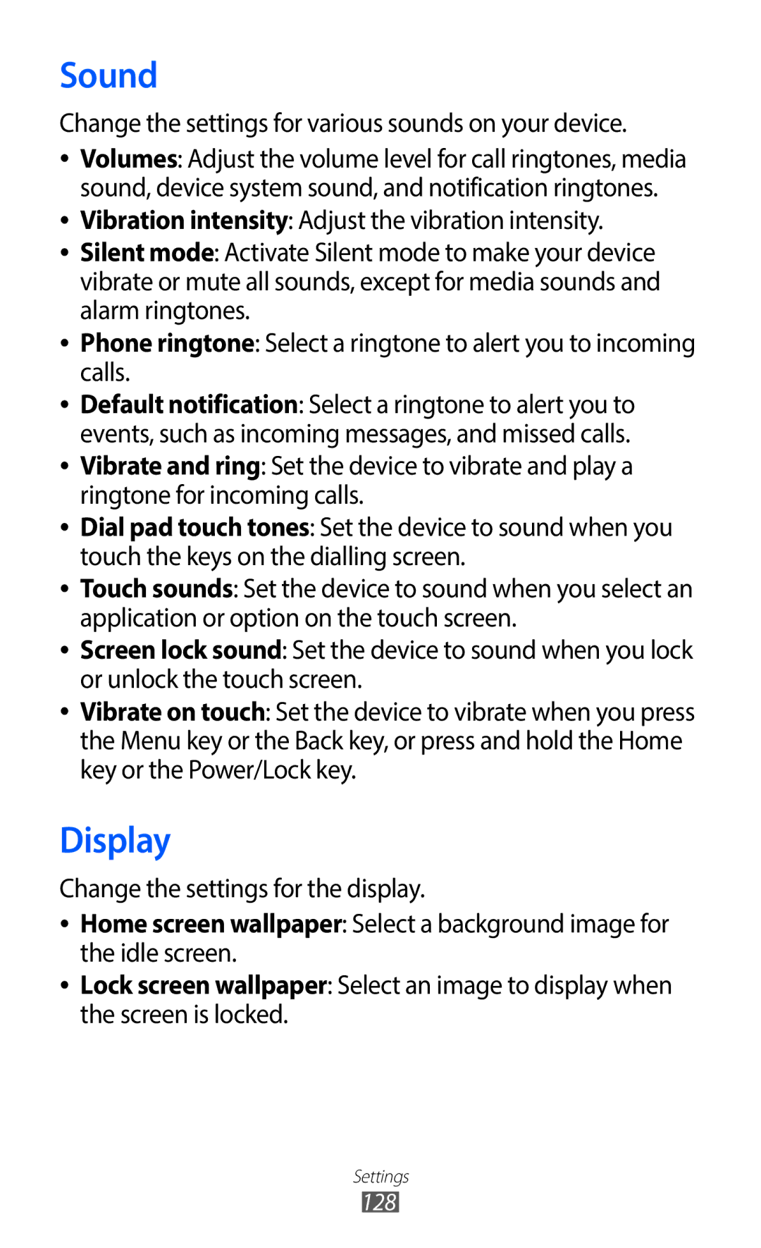 Samsung GT-I9100RNWNRJ, GT-I9100LKNFTM manual Sound, Display, Change the settings for various sounds on your device 