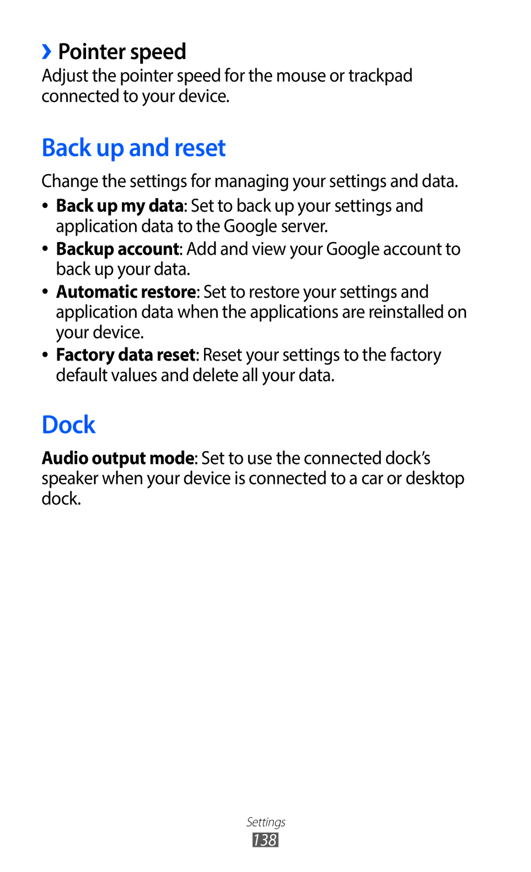 Samsung GT-I9100RWNXEC Back up and reset, Dock, ››Pointer speed, Change the settings for managing your settings and data 