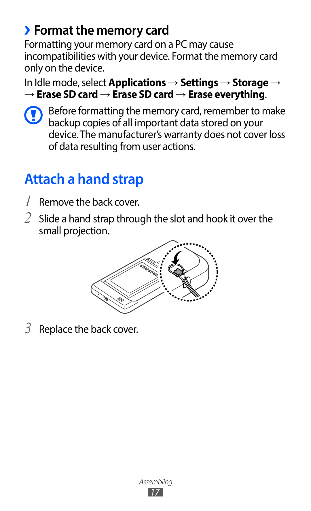 Samsung GT-I9100LKNATL, GT-I9100LKNFTM, GT-I9100RWNLPM, GT-I9100RWNBOG manual Attach a hand strap, ››Format the memory card 