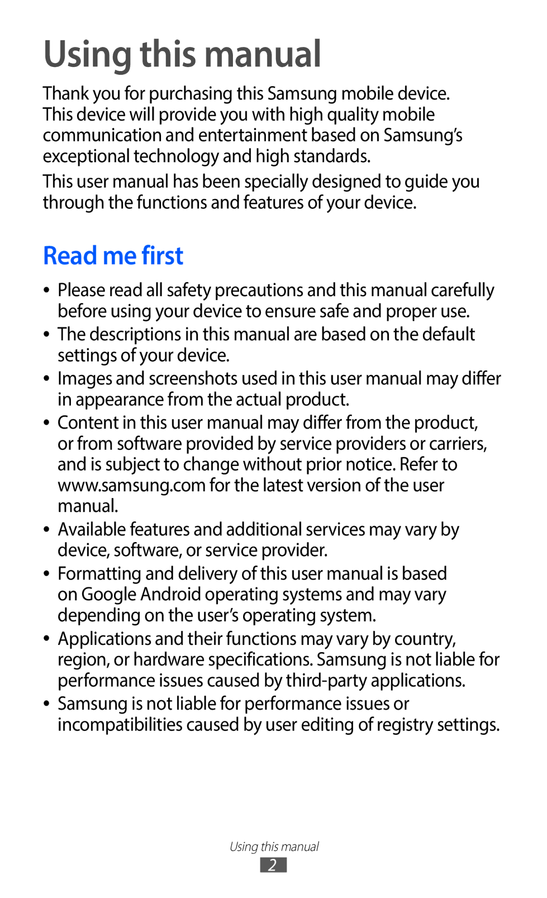 Samsung GT-I9100LKNXEF, GT-I9100LKNFTM, GT-I9100RWNLPM, GT-I9100RWNBOG, GT-I9100LKNBOG Using this manual, Read me first 