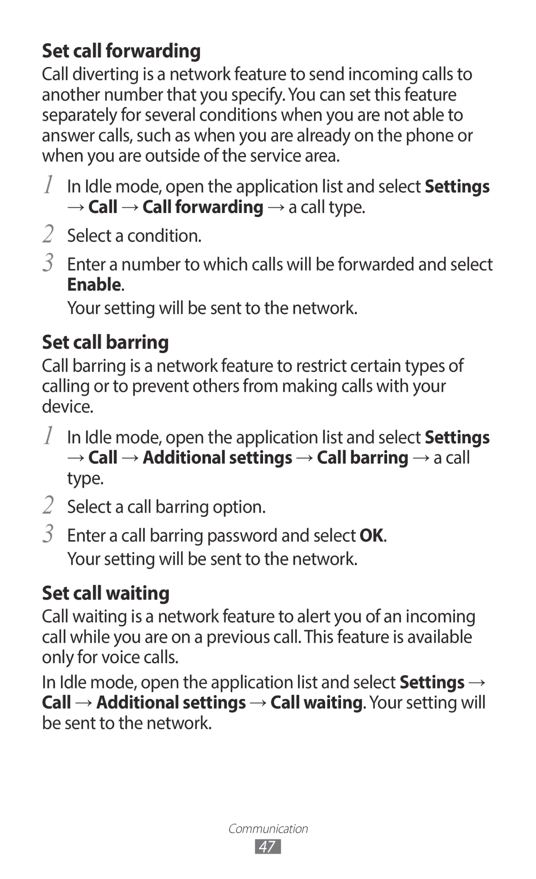 Samsung GT-I9100LKNFTM manual → Call → Call forwarding → a call type. Select a condition, Select a call barring option 