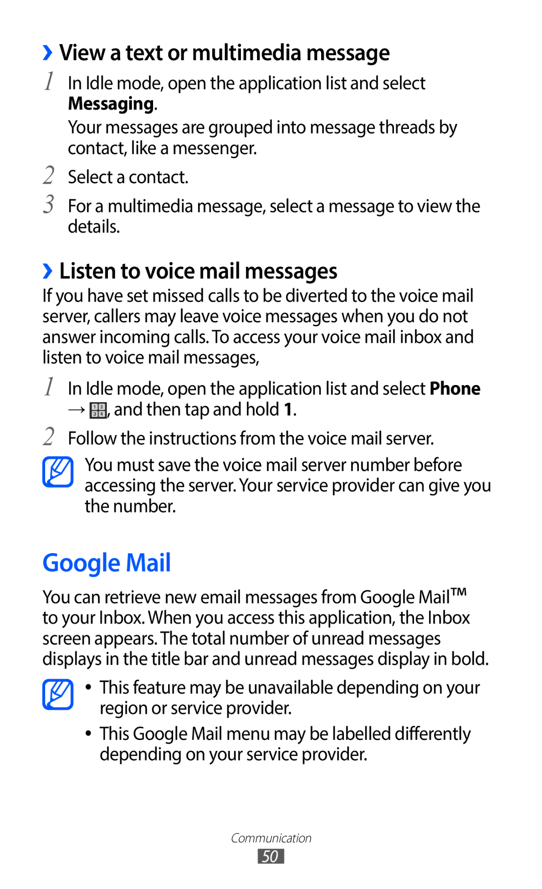 Samsung GT-I9100LKNXEF, GT-I9100LKNFTM Google Mail, ››View a text or multimedia message, ››Listen to voice mail messages 
