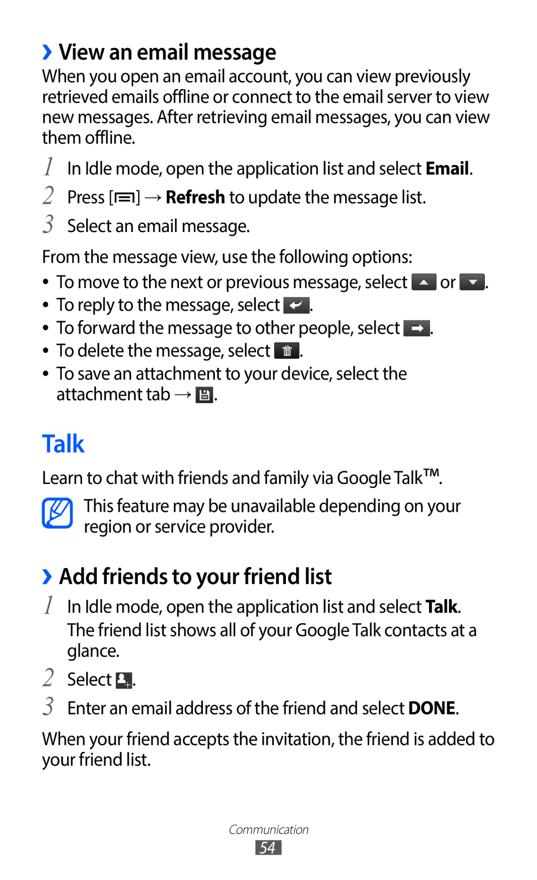 Samsung GT-I9100SWNFTM, GT-I9100LKNFTM, GT-I9100RWNLPM Talk, ››View an email message, ››Add friends to your friend list 