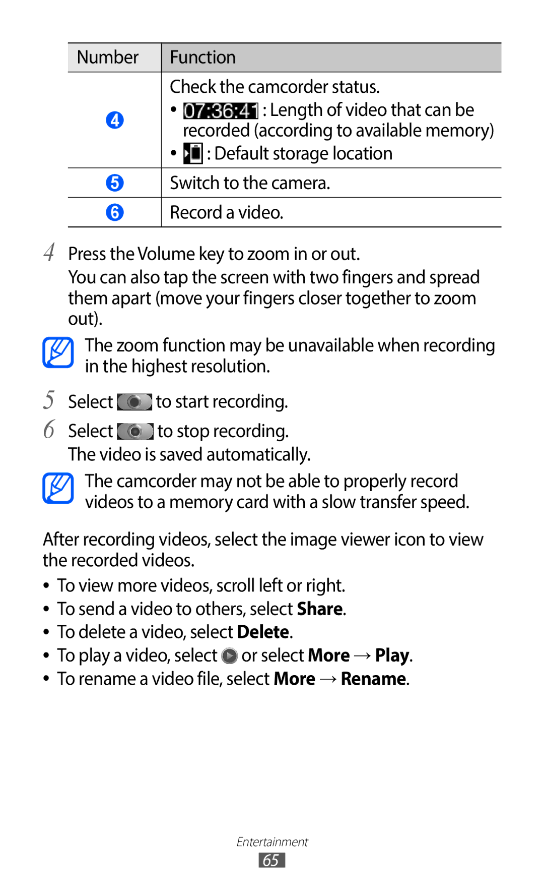 Samsung GT-I9100LKNATL, GT-I9100LKNFTM, GT-I9100RWNLPM Number Function Check the camcorder status, Default storage location 