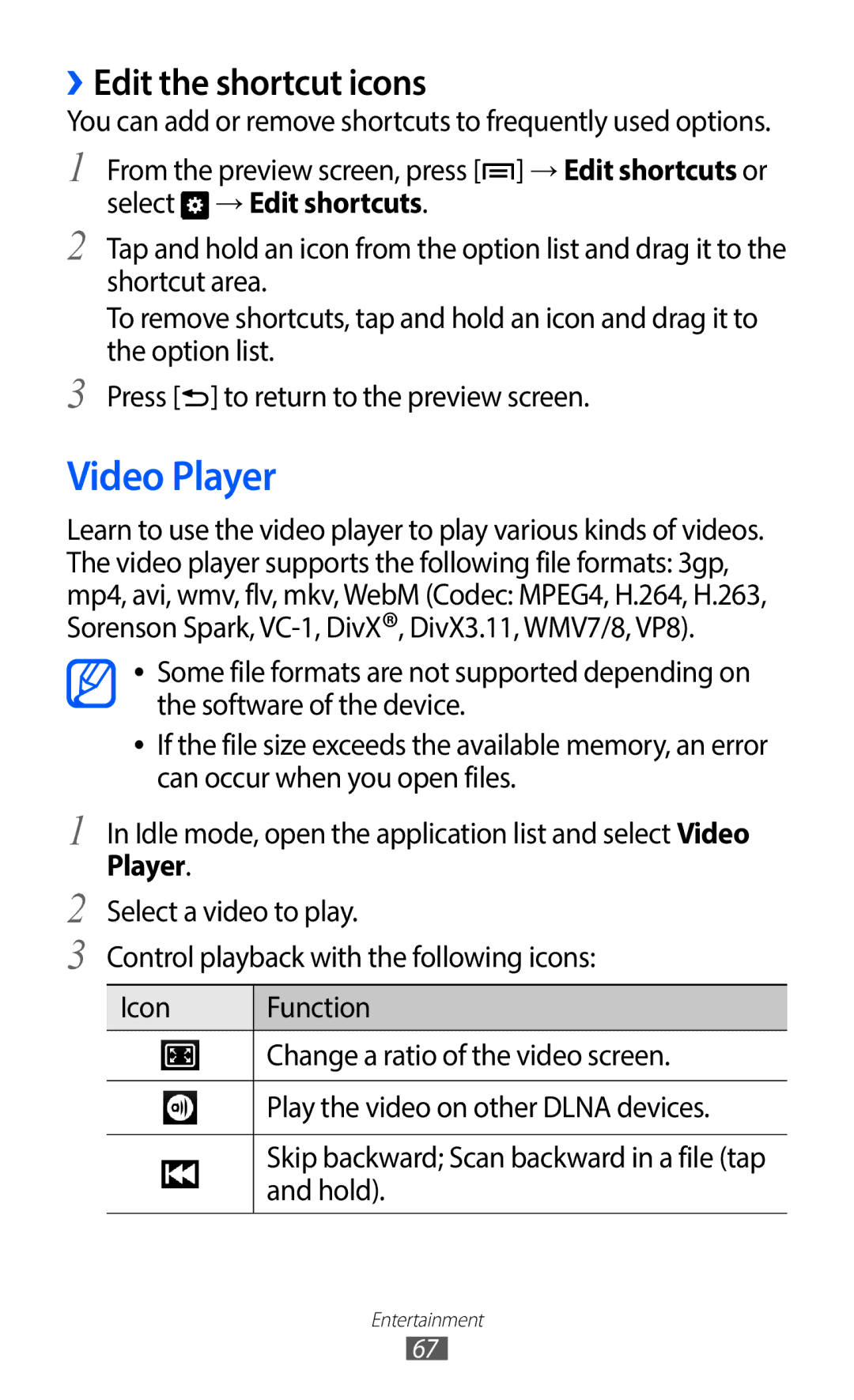 Samsung GT-I9100LKNAMN, GT-I9100LKNFTM, GT-I9100RWNLPM, GT-I9100RWNBOG manual Video Player, ››Edit the shortcut icons 