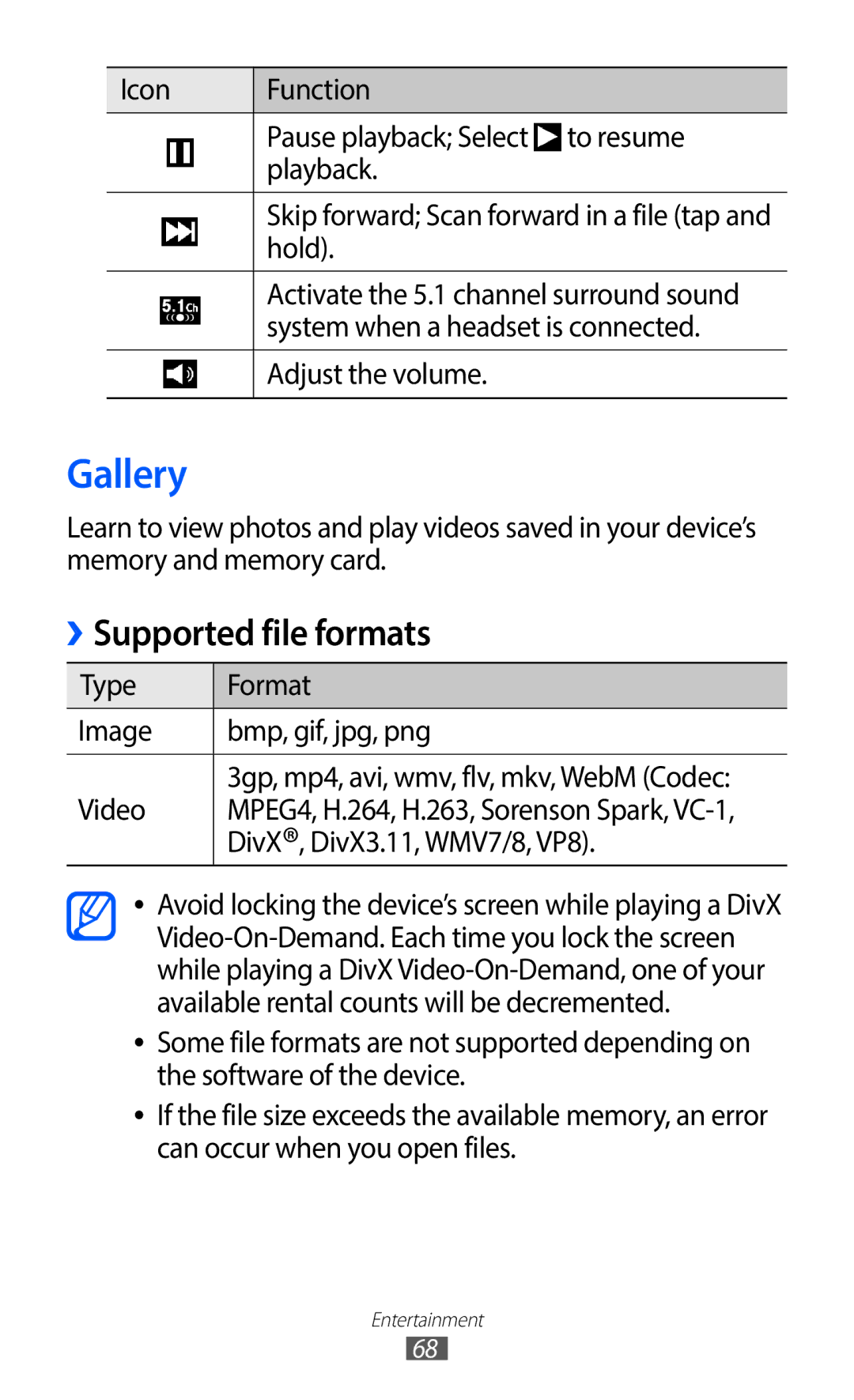 Samsung GT-I9100RWNATL, GT-I9100LKNFTM, GT-I9100RWNLPM, GT-I9100RWNBOG, GT-I9100LKNXEF manual Gallery, Supported file formats 