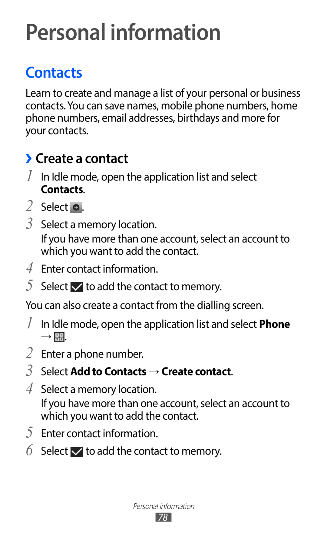 Samsung GT-I9100SWNFTM manual Personal information, ››Create a contact, Select Add to Contacts → Create contact 