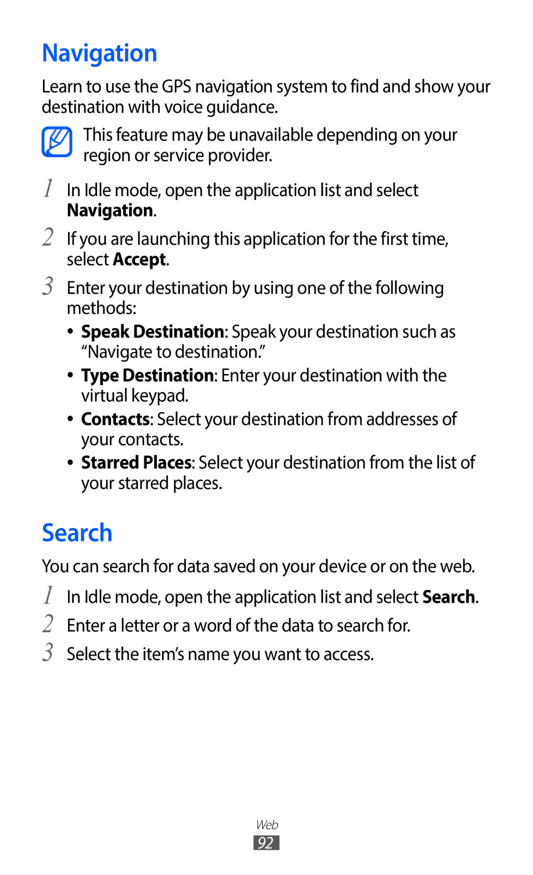 Samsung GT-I9100RWNATL, GT-I9100LKNFTM, GT-I9100RWNLPM manual Navigation, Search, Select the item’s name you want to access 