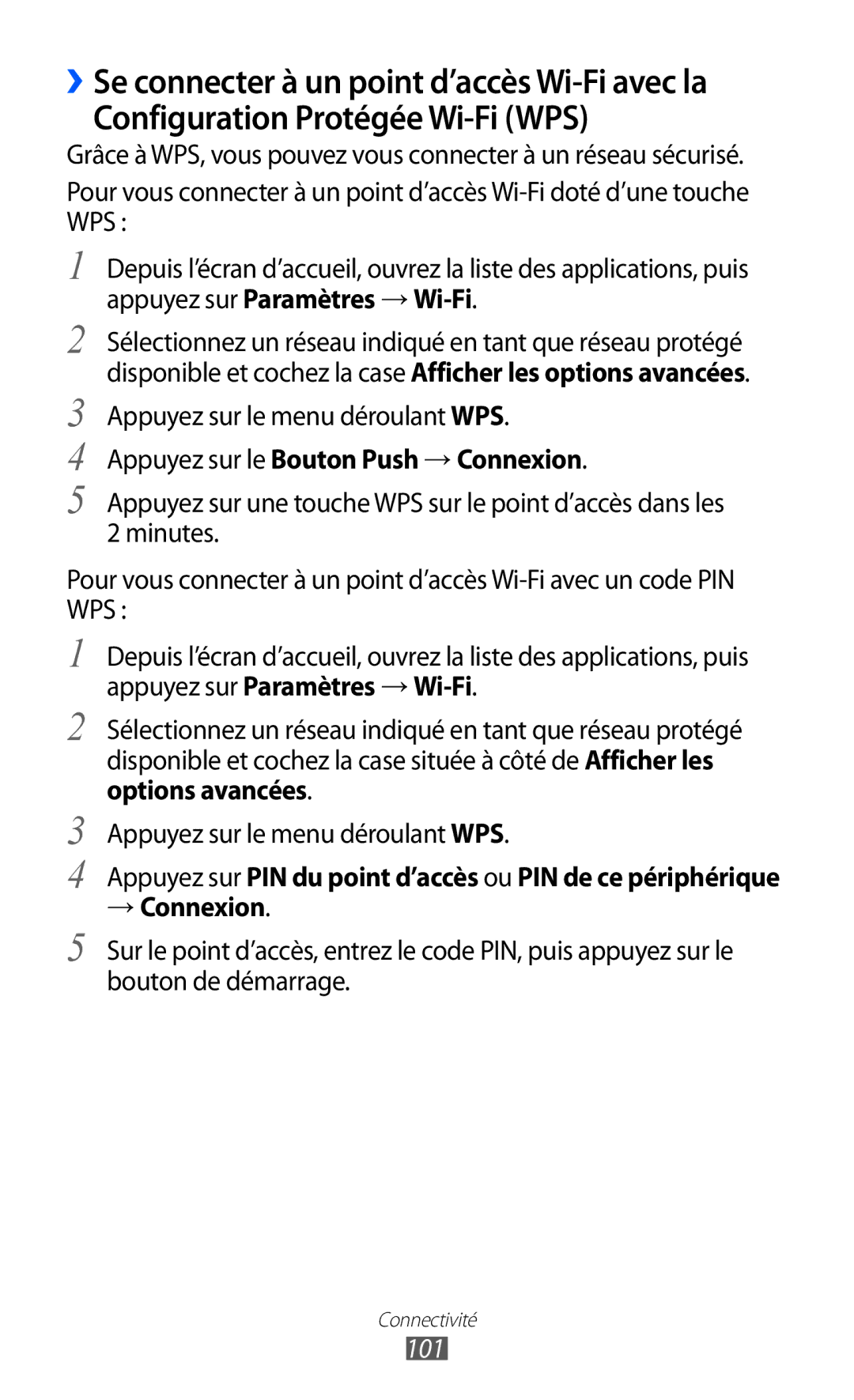 Samsung GT-I9100ZWNSFR manual Configuration Protégée Wi-Fi WPS, Appuyez sur le menu déroulant WPS, → Connexion, 101 