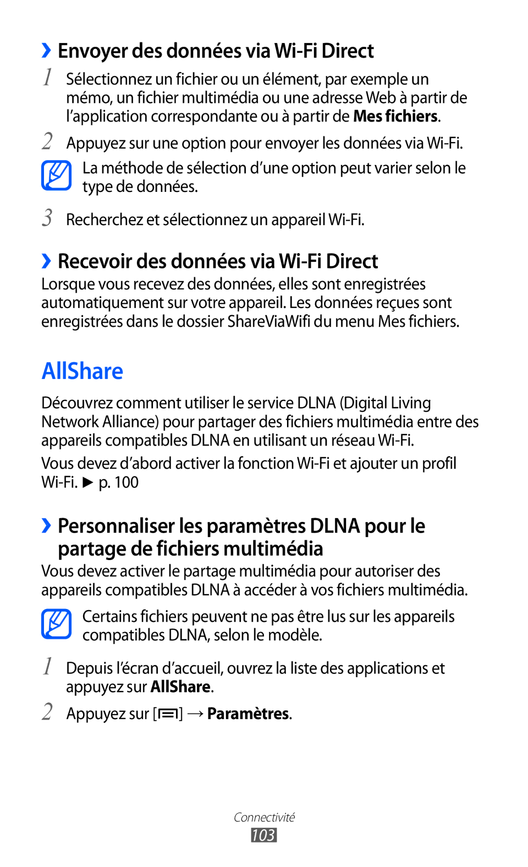 Samsung GT-I9100LKNNRJ AllShare, ››Envoyer des données via Wi-Fi Direct, ››Recevoir des données via Wi-Fi Direct, 103 