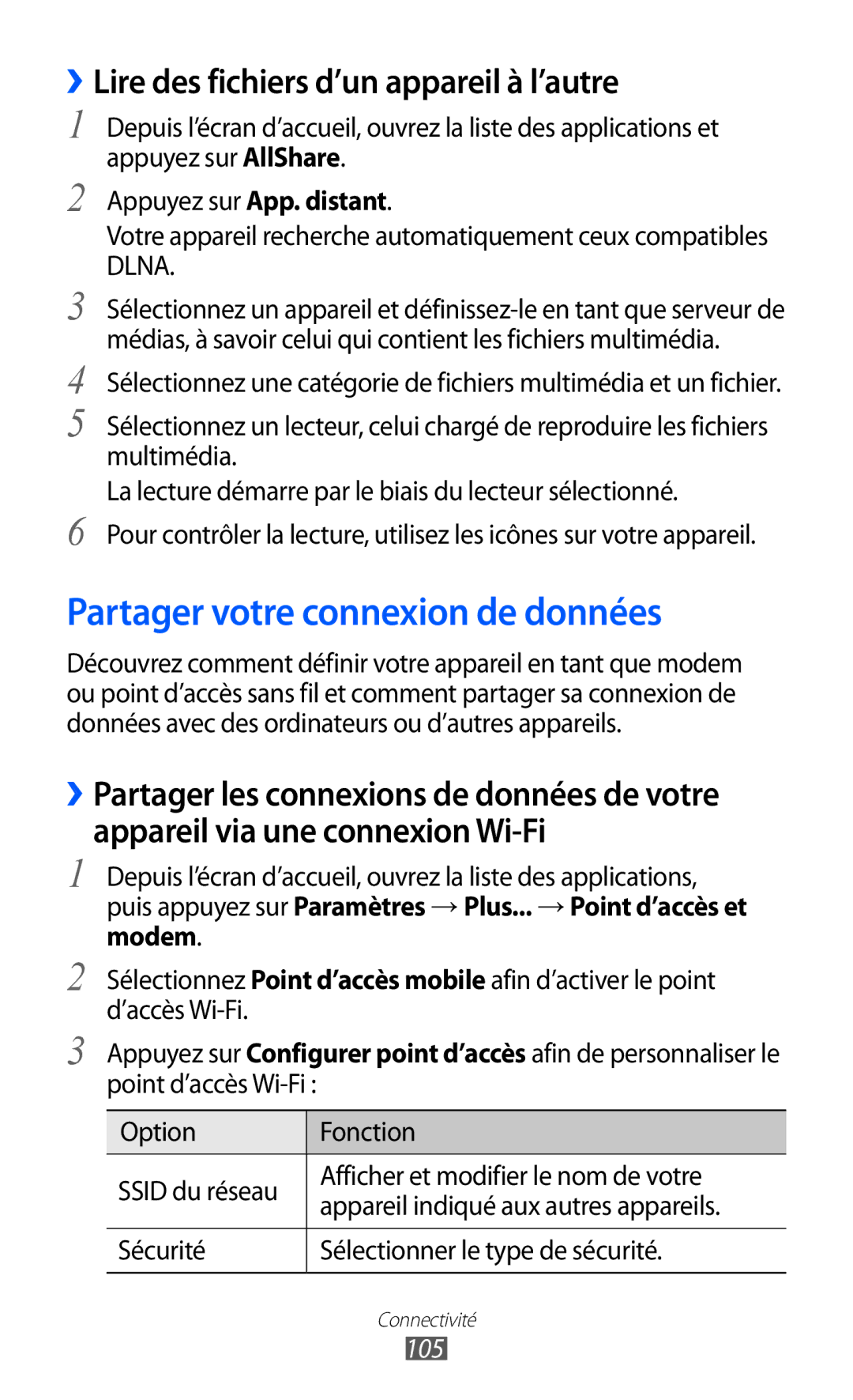 Samsung GT-I9100RWNLPM manual Partager votre connexion de données, ››Lire des fichiers d’un appareil à l’autre, 105 