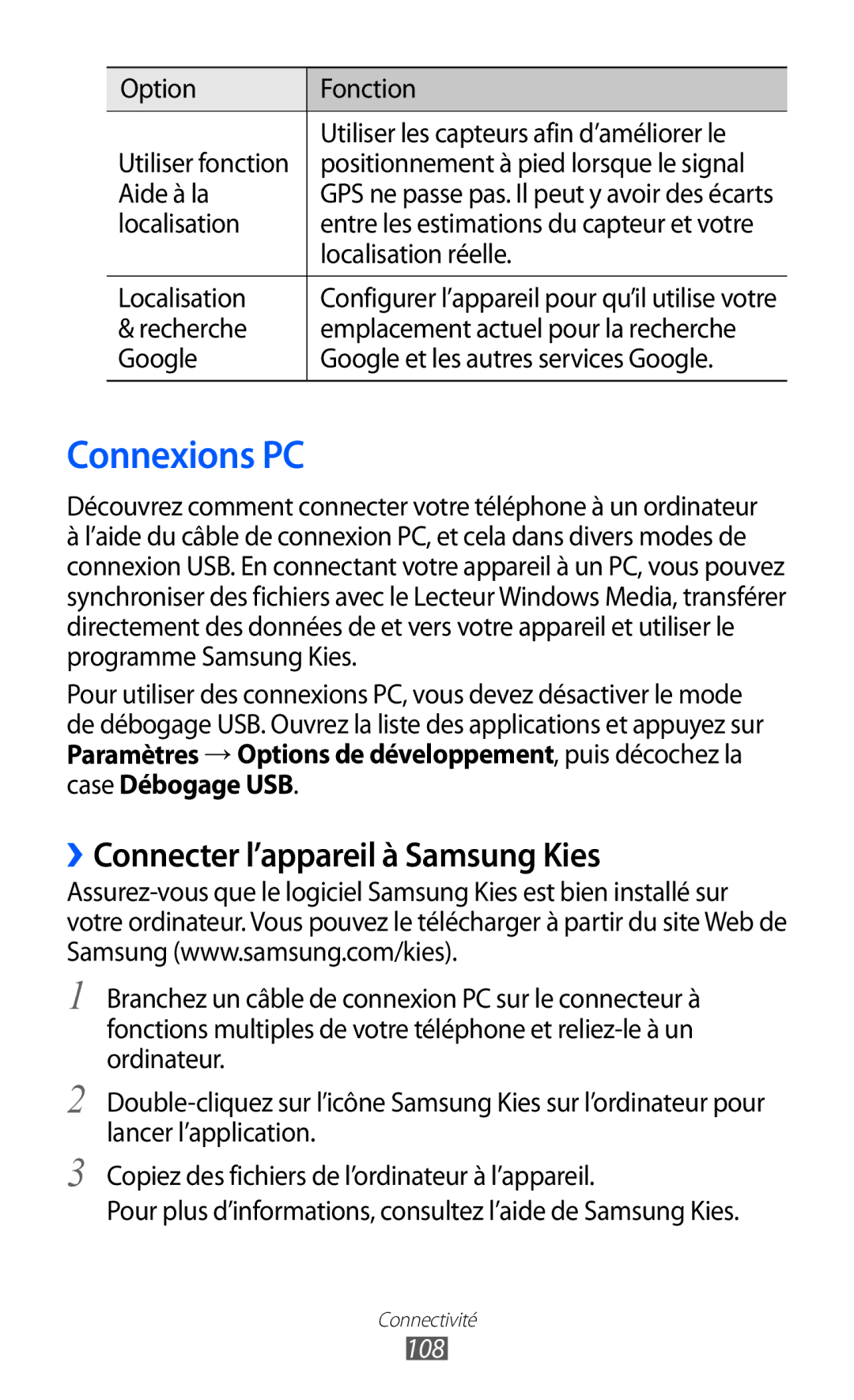 Samsung GT-I9100LKNBOG, GT-I9100LKNFTM, GT-I9100RWNLPM manual Connexions PC, ››Connecter l’appareil à Samsung Kies, 108 