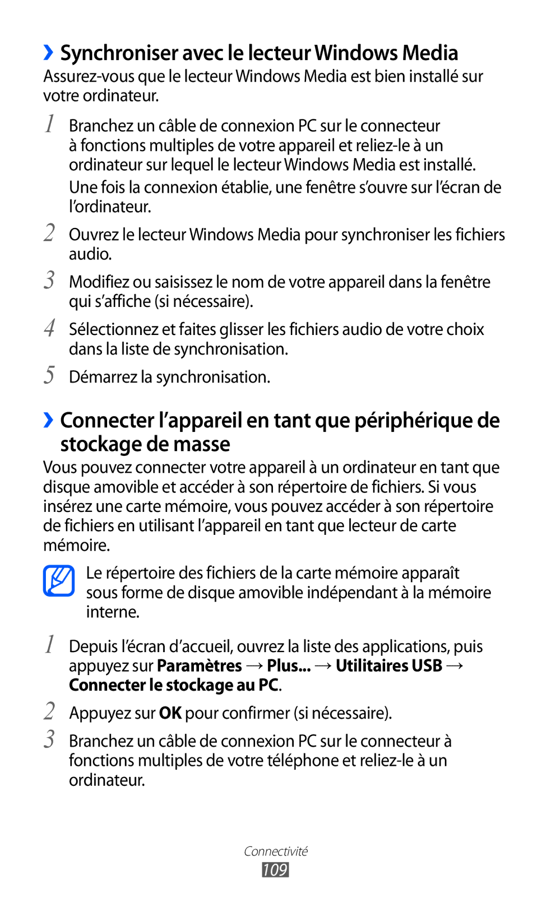 Samsung GT-I9100SWNSFR, GT-I9100LKNFTM, GT-I9100RWNLPM, GT-I9100RWNBOG ››Synchroniser avec le lecteur Windows Media, 109 