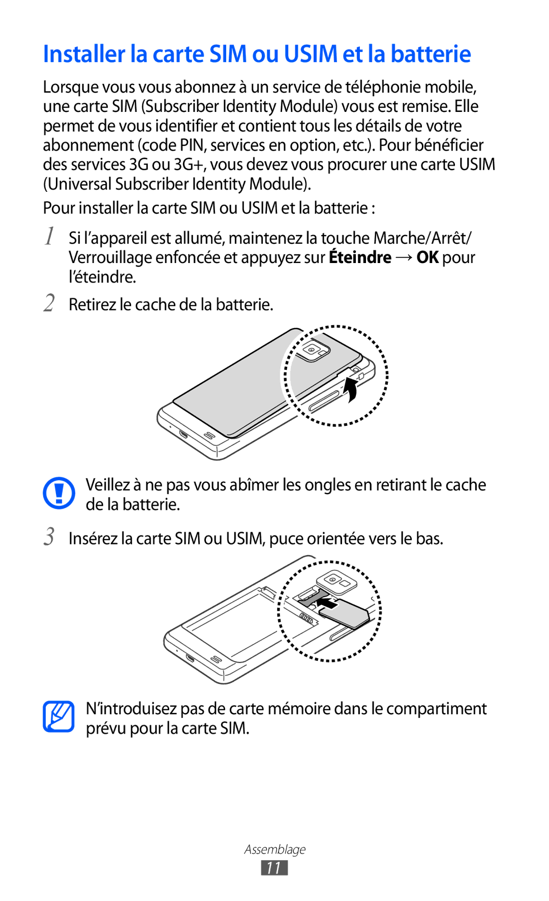 Samsung GT-I9100LKNSFR, GT-I9100LKNFTM, GT-I9100RWNLPM, GT-I9100RWNBOG manual Installer la carte SIM ou Usim et la batterie 