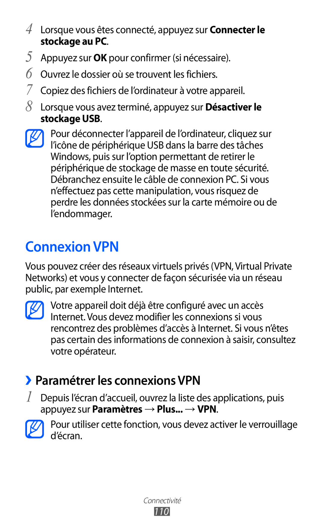 Samsung GT-I9100SWNNRJ, GT-I9100LKNFTM Connexion VPN, ››Paramétrer les connexions VPN, Stockage au PC, Stockage USB, 110 