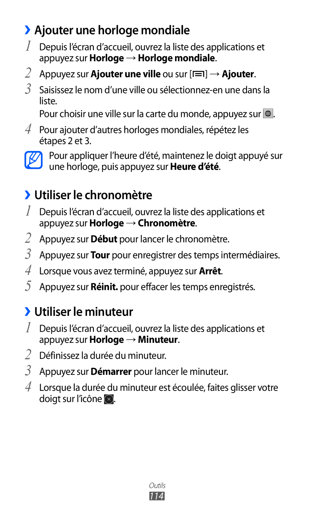 Samsung GT-I9100ZWNSFR manual ››Ajouter une horloge mondiale, ››Utiliser le chronomètre, ››Utiliser le minuteur, 114 