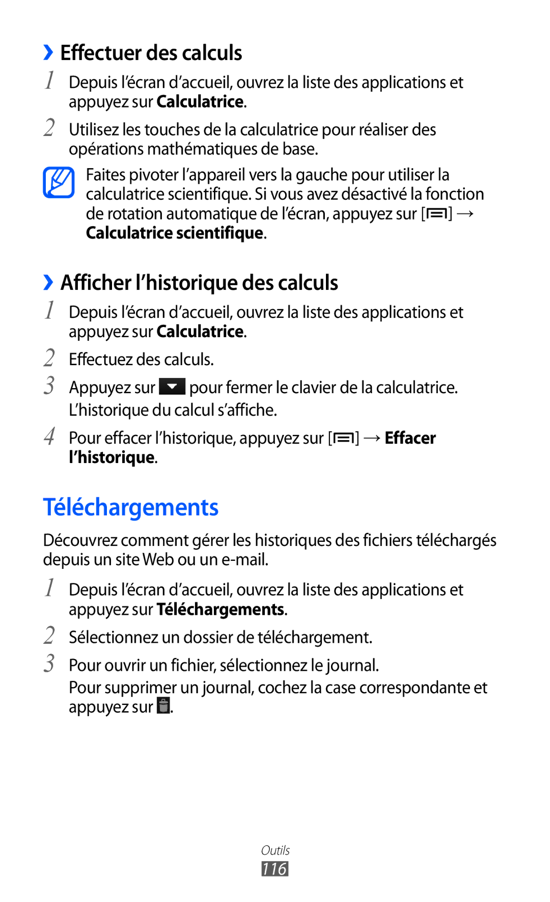 Samsung GT-I9100LKNNRJ, GT-I9100LKNFTM Téléchargements, ››Effectuer des calculs, ››Afficher l’historique des calculs, 116 