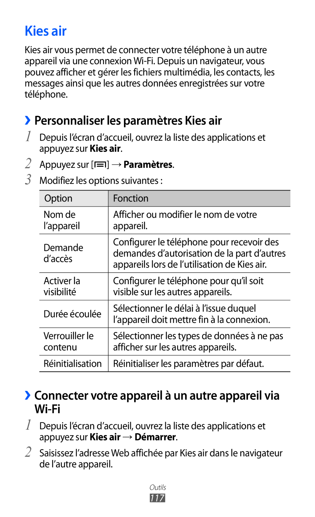 Samsung GT-I9100LKNFTM, GT-I9100RWNLPM, GT-I9100RWNBOG manual ››Personnaliser les paramètres Kies air, Wi-Fi, 117 