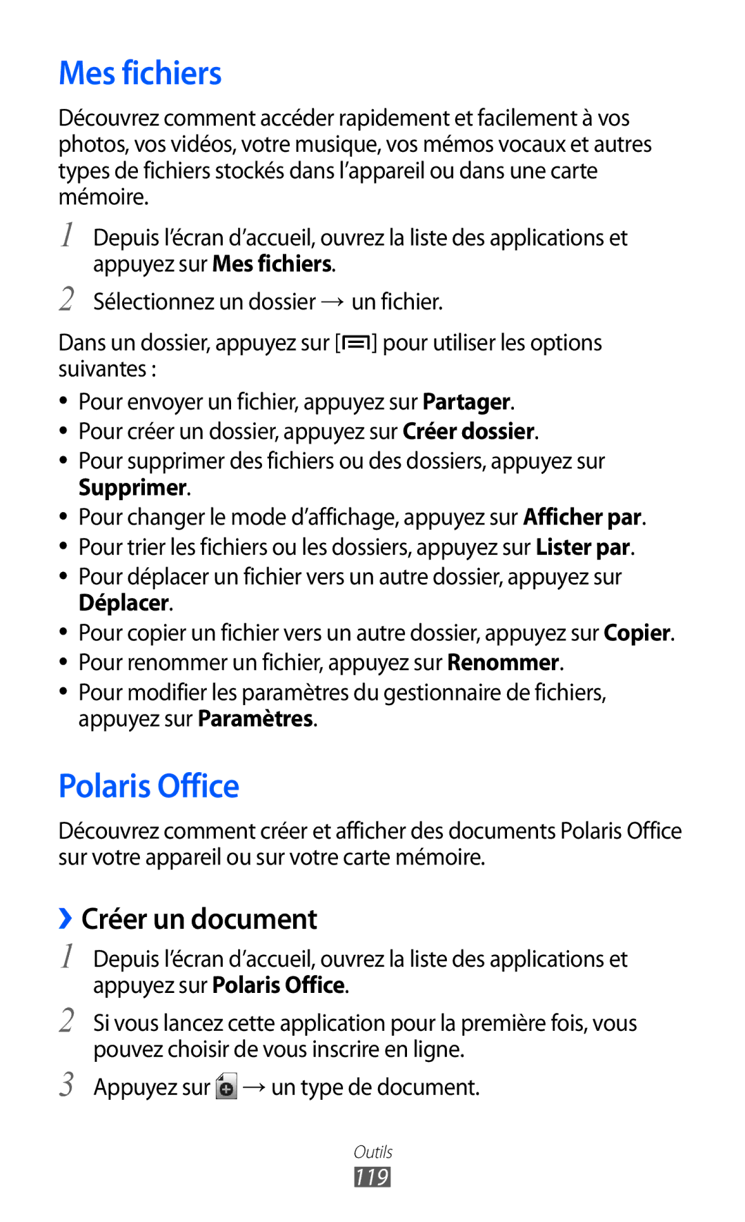 Samsung GT-I9100RWNBOG, GT-I9100LKNFTM, GT-I9100RWNLPM manual Mes fichiers, Polaris Office, ››Créer un document, 119 