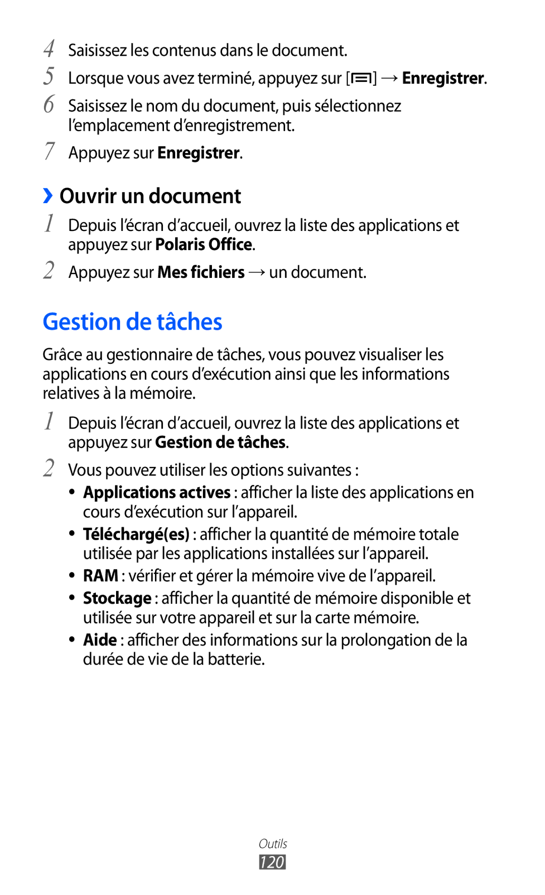 Samsung GT-I9100LKNXEF Gestion de tâches, ››Ouvrir un document, RAM vérifier et gérer la mémoire vive de l’appareil, 120 