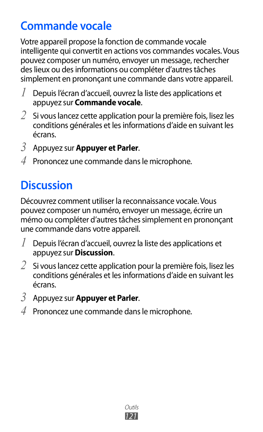 Samsung GT-I9100LKNBOG, GT-I9100LKNFTM, GT-I9100RWNLPM manual Commande vocale, Discussion, Appuyez sur Appuyer et Parler, 121 