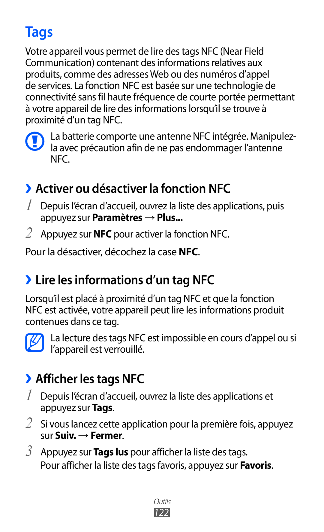 Samsung GT-I9100SWNSFR, GT-I9100LKNFTM Tags, ››Activer ou désactiver la fonction NFC, ››Lire les informations d’un tag NFC 