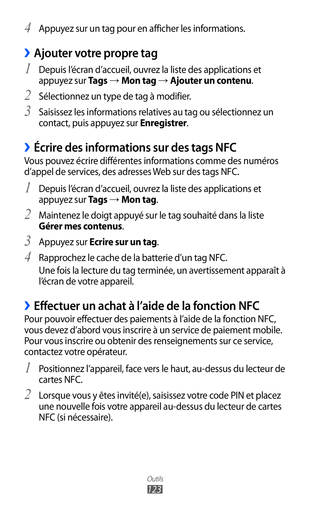 Samsung GT-I9100SWNNRJ, GT-I9100LKNFTM manual ››Ajouter votre propre tag, ››Écrire des informations sur des tags NFC, 123 