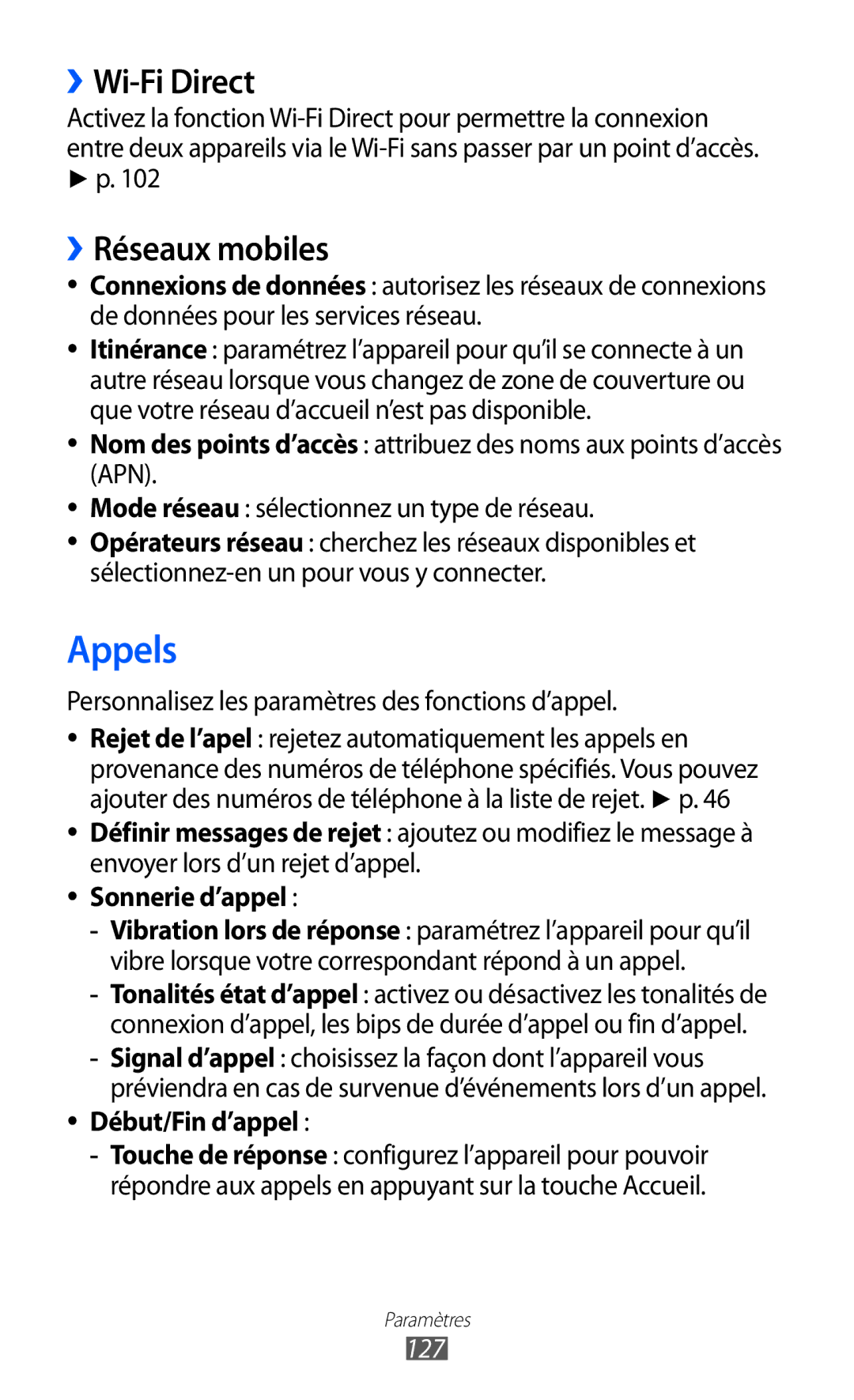 Samsung GT-I9100ZWNSFR, GT-I9100LKNFTM manual ››Wi-Fi Direct, ››Réseaux mobiles, Sonnerie d’appel, Début/Fin d’appel, 127 