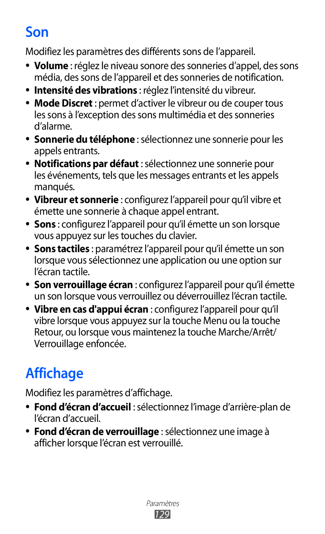 Samsung GT-I9100LKNNRJ, GT-I9100LKNFTM manual Son, Affichage, Modifiez les paramètres des différents sons de l’appareil, 129 