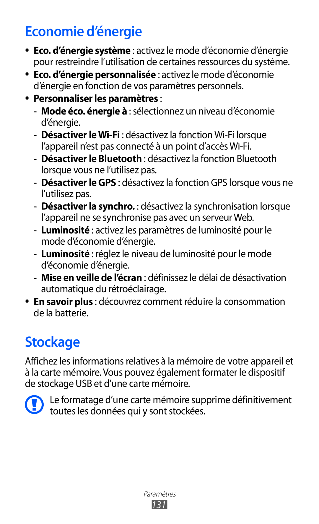 Samsung GT-I9100RWNLPM, GT-I9100LKNFTM, GT-I9100RWNBOG manual Economie d’énergie, Stockage, Personnaliser les paramètres, 131 