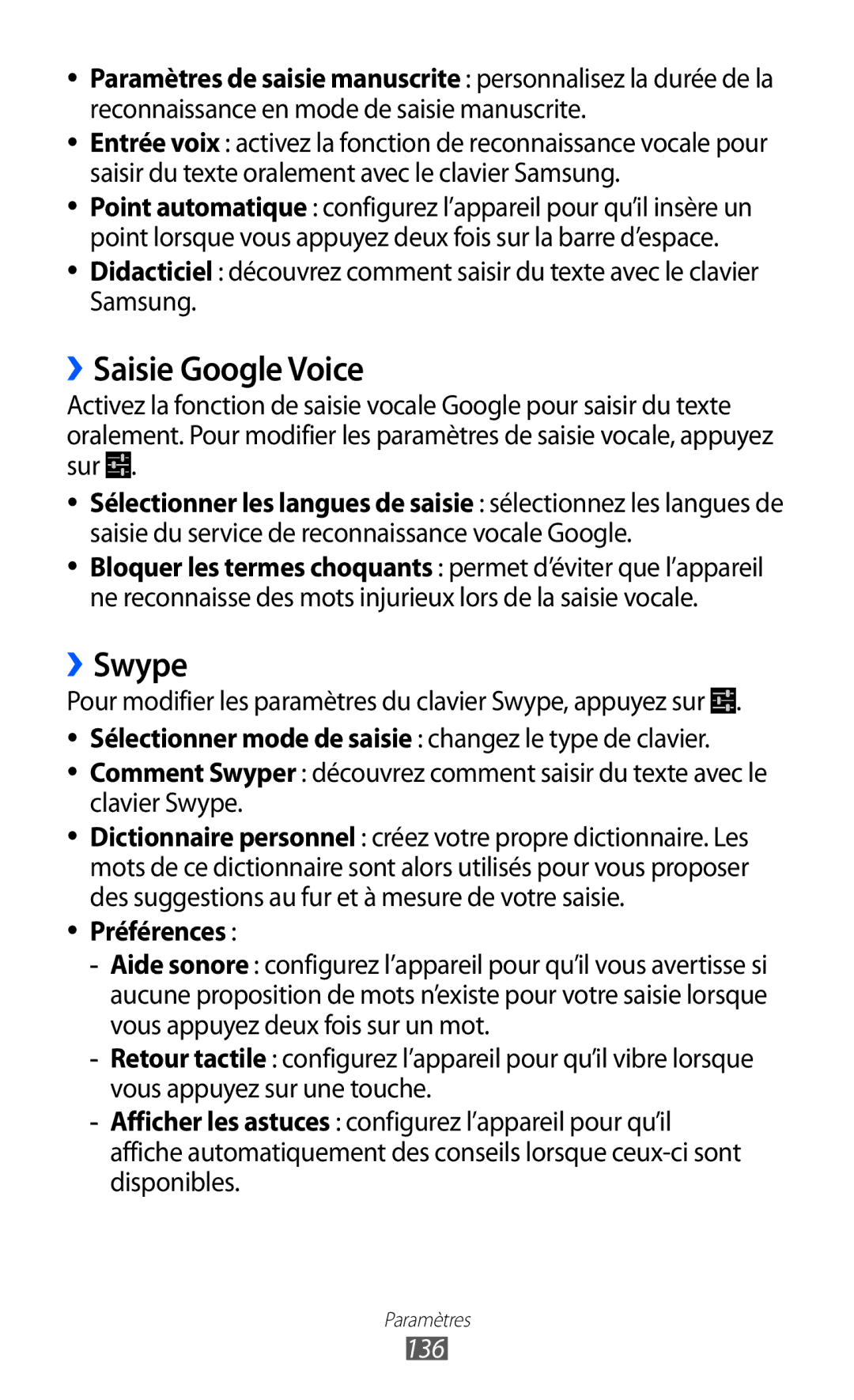 Samsung GT-I9100SWNNRJ, GT-I9100LKNFTM, GT-I9100RWNLPM, GT-I9100RWNBOG manual ››Saisie Google Voice, ››Swype, Préférences, 136 