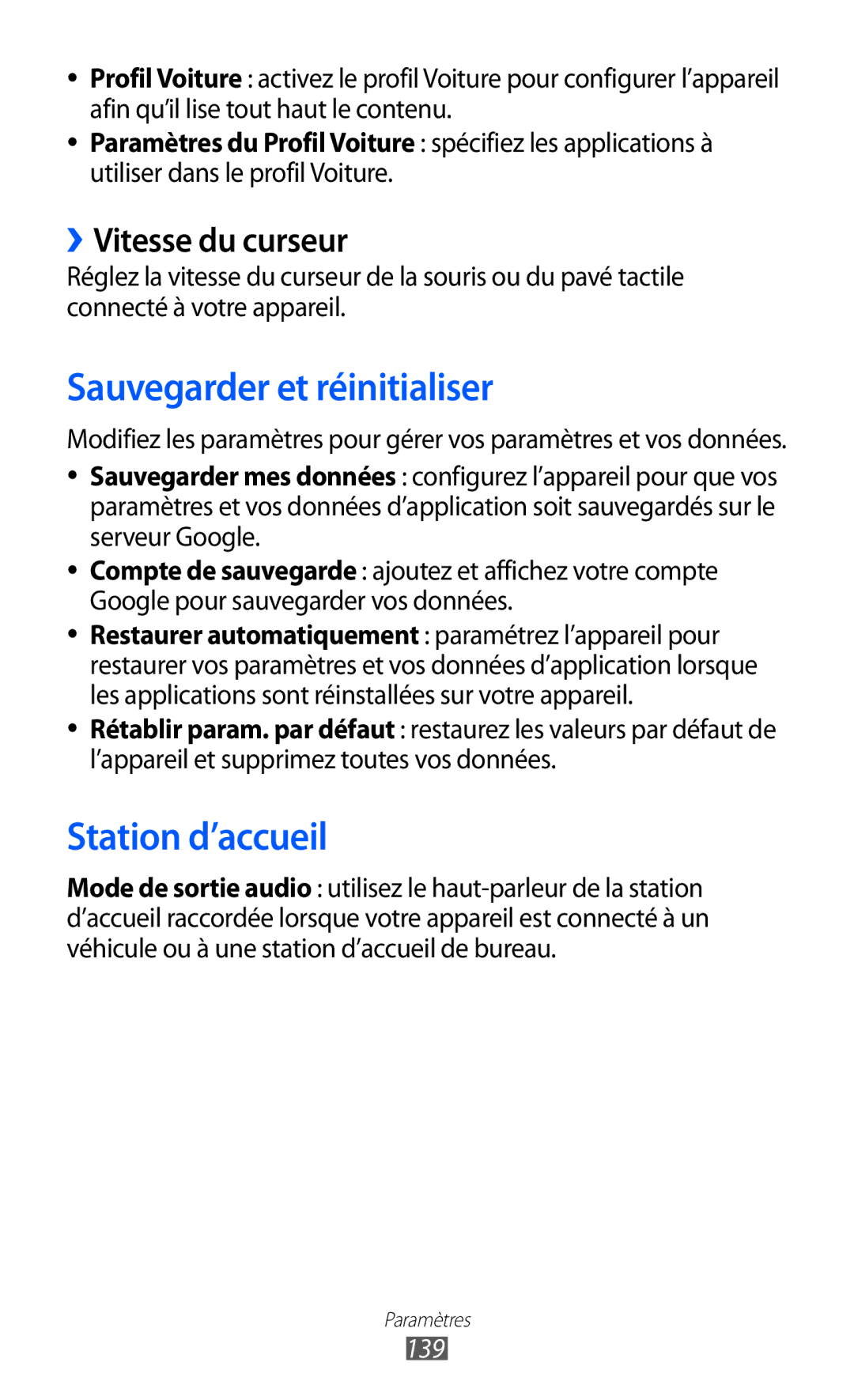 Samsung GT-I9100RNWNRJ, GT-I9100LKNFTM manual Sauvegarder et réinitialiser, Station d’accueil, ››Vitesse du curseur, 139 