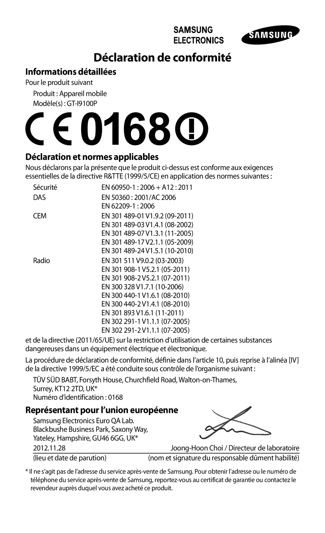 Samsung GT-I9100ZWNSFR, GT-I9100LKNFTM, GT-I9100RWNLPM, GT-I9100RWNBOG, GT-I9100LKNXEF manual Déclaration de conformité 