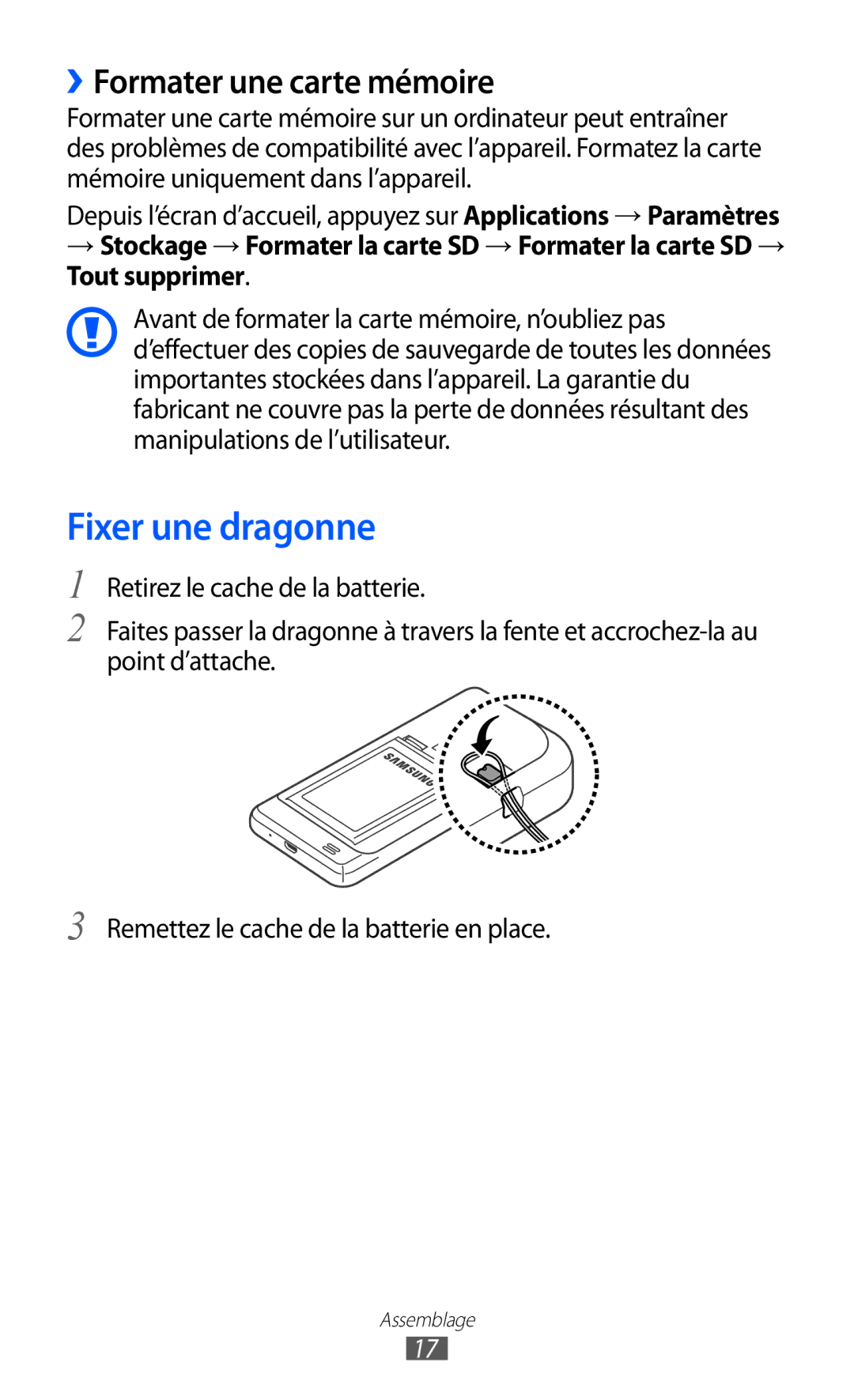 Samsung GT-I9100LKNBOG, GT-I9100LKNFTM, GT-I9100RWNLPM, GT-I9100RWNBOG manual Fixer une dragonne, ››Formater une carte mémoire 