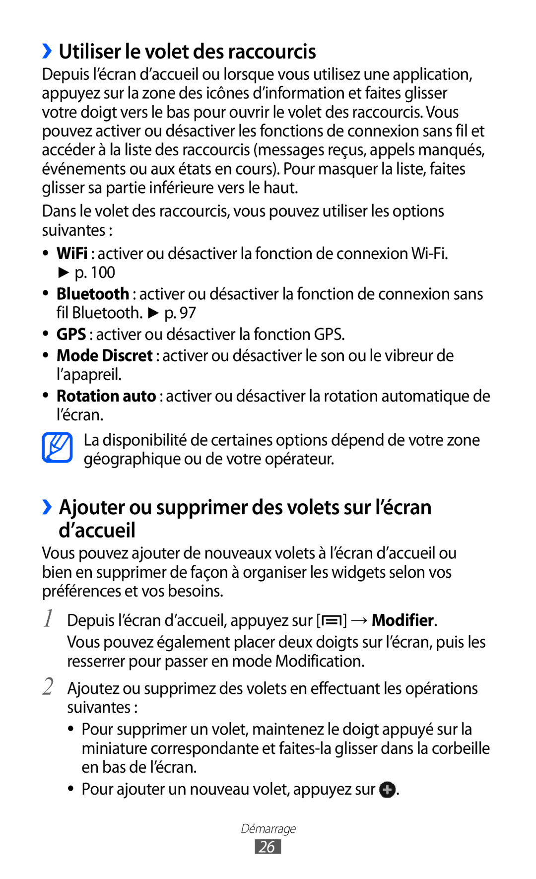 Samsung GT-I9100LKNFTM manual ››Utiliser le volet des raccourcis, ››Ajouter ou supprimer des volets sur l’écran d’accueil 