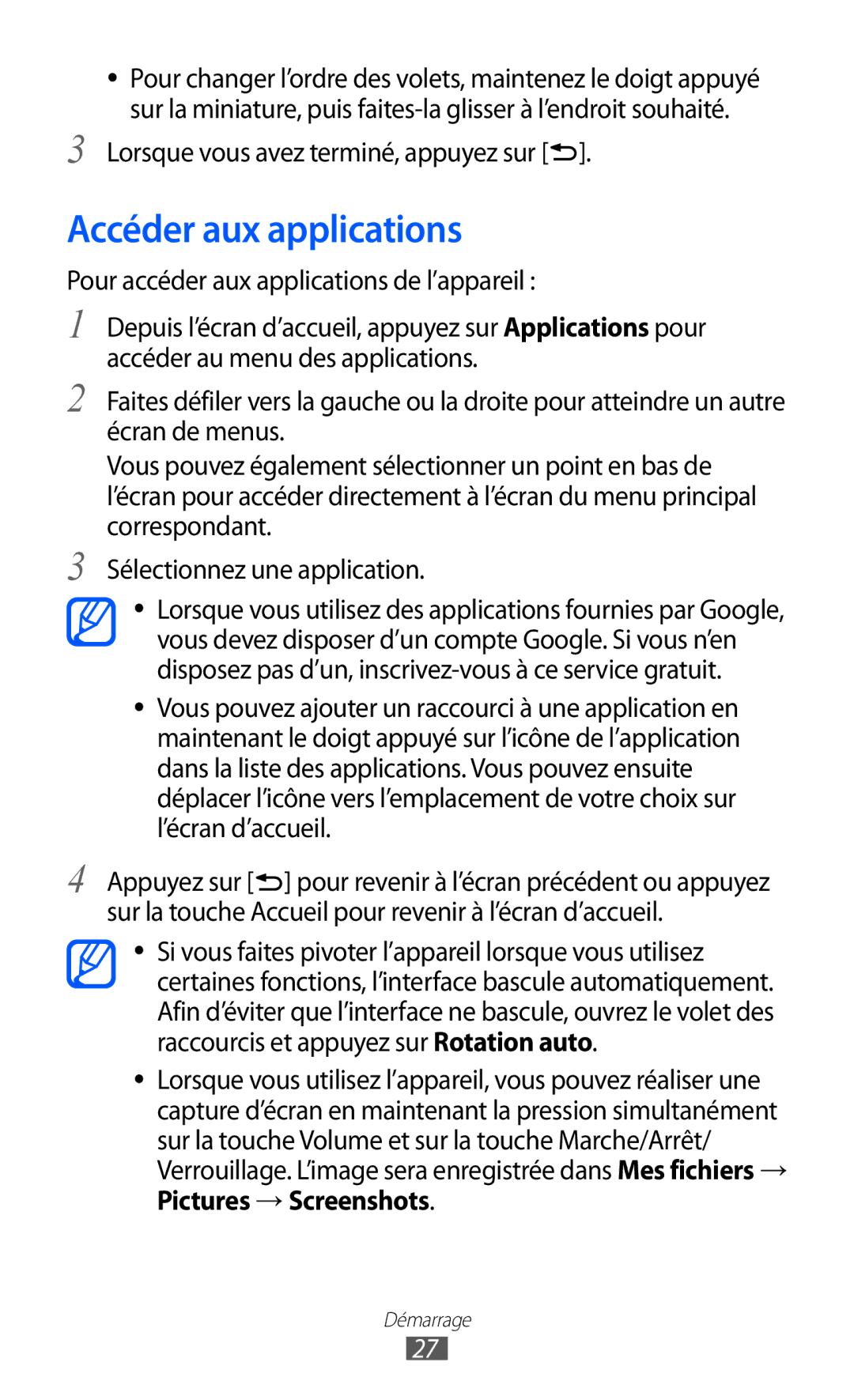 Samsung GT-I9100RWNLPM manual Accéder aux applications, Lorsque vous avez terminé, appuyez sur, Pictures → Screenshots 