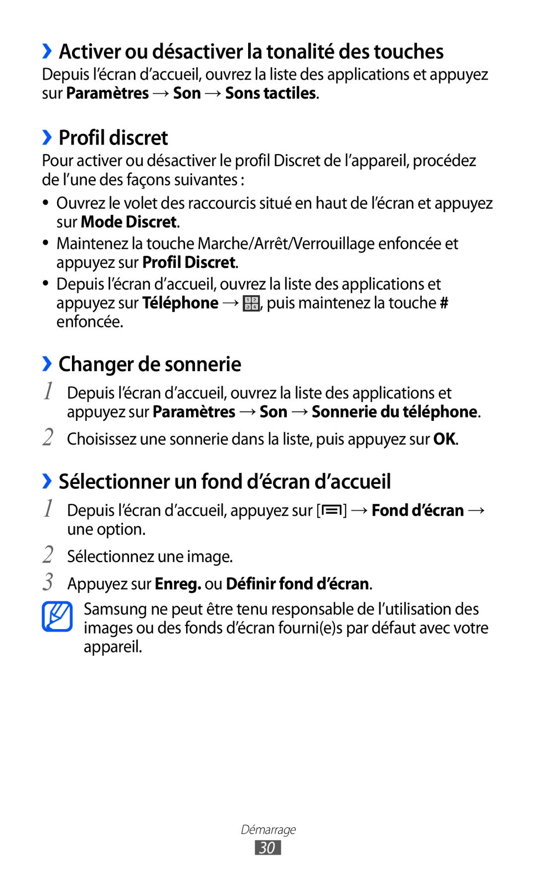 Samsung GT-I9100LKNBOG manual ››Activer ou désactiver la tonalité des touches, ››Profil discret, ››Changer de sonnerie 