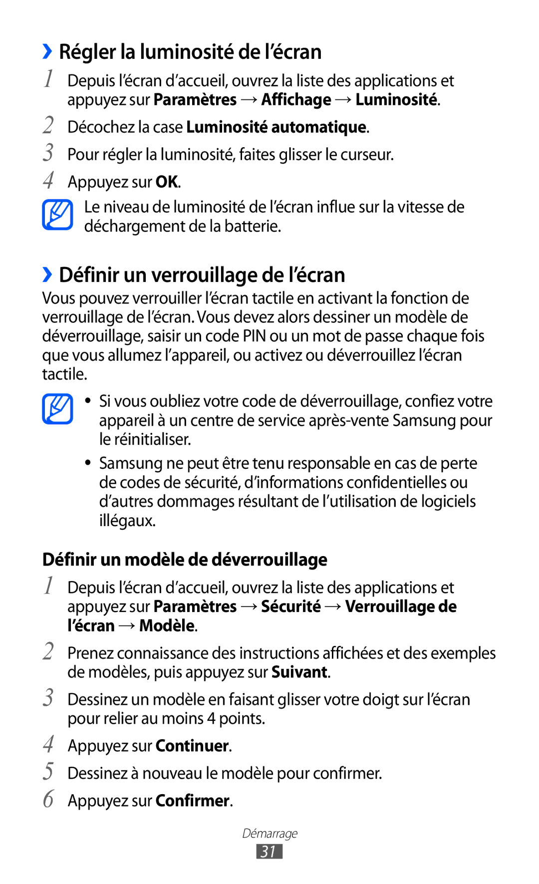 Samsung GT-I9100SWNSFR, GT-I9100LKNFTM manual ››Régler la luminosité de l’écran, ››Définir un verrouillage de l’écran 