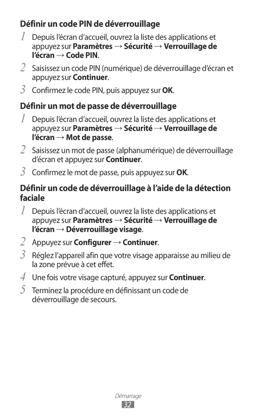 Samsung GT-I9100SWNNRJ, GT-I9100LKNFTM manual Définir un code PIN de déverrouillage, Appuyez sur Configurer → Continuer 