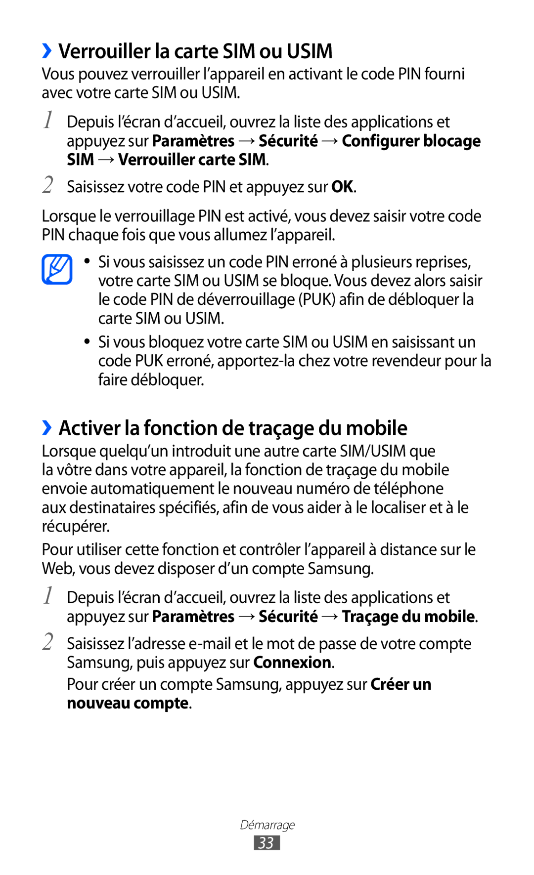 Samsung GT-I9100SWNFTM, GT-I9100LKNFTM manual ››Verrouiller la carte SIM ou Usim, ››Activer la fonction de traçage du mobile 