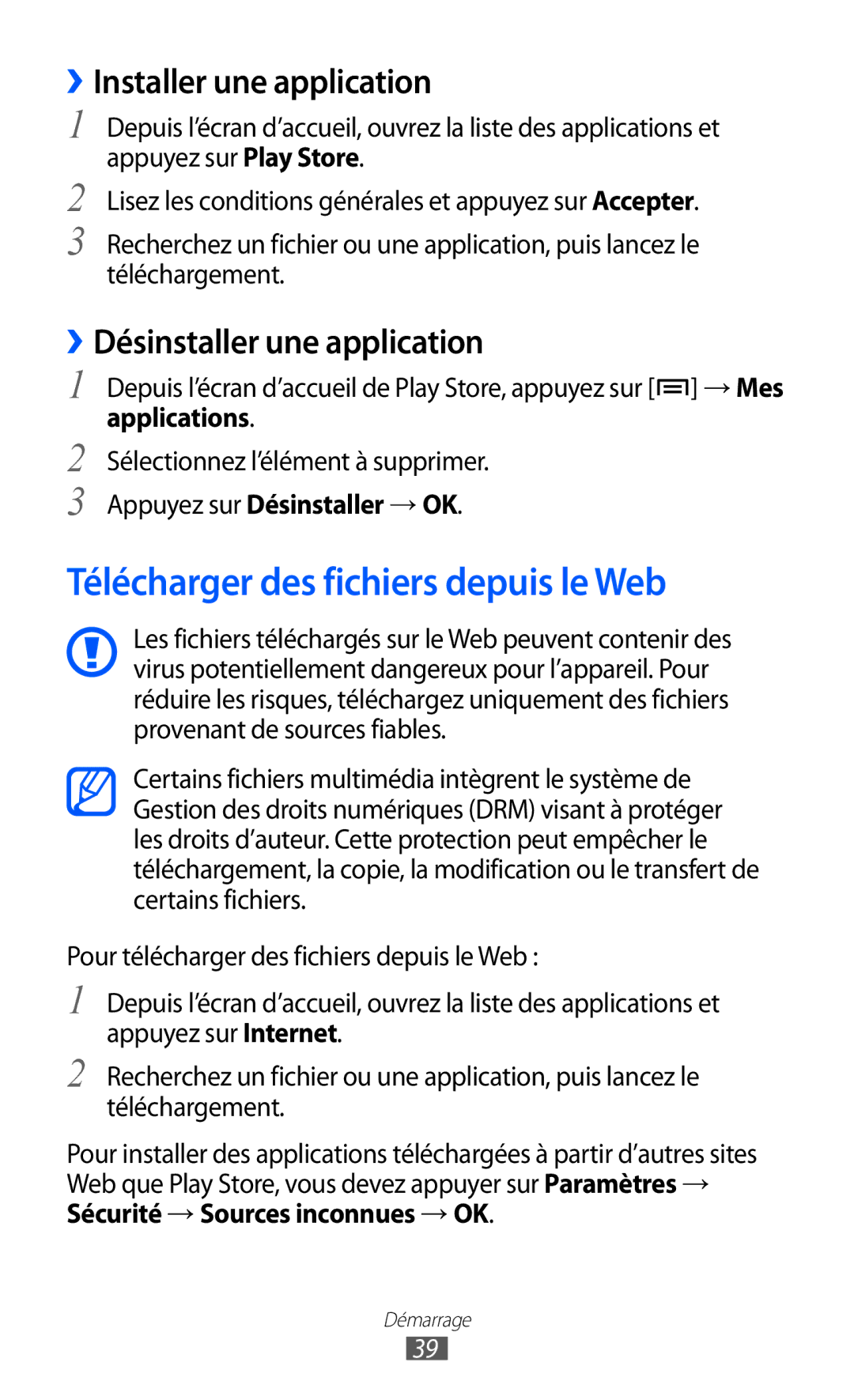 Samsung GT-I9100LKNFTM Télécharger des fichiers depuis le Web, ››Installer une application, ››Désinstaller une application 