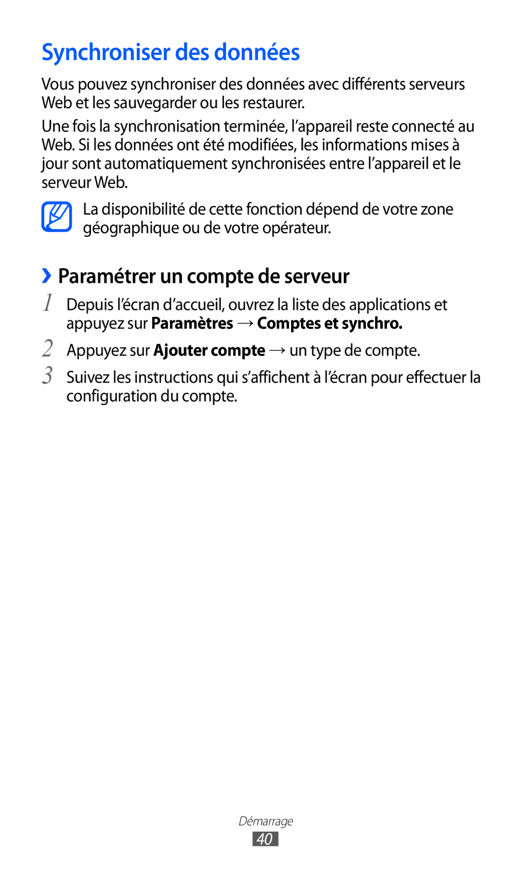 Samsung GT-I9100RWNLPM, GT-I9100LKNFTM, GT-I9100RWNBOG manual Synchroniser des données, ››Paramétrer un compte de serveur 