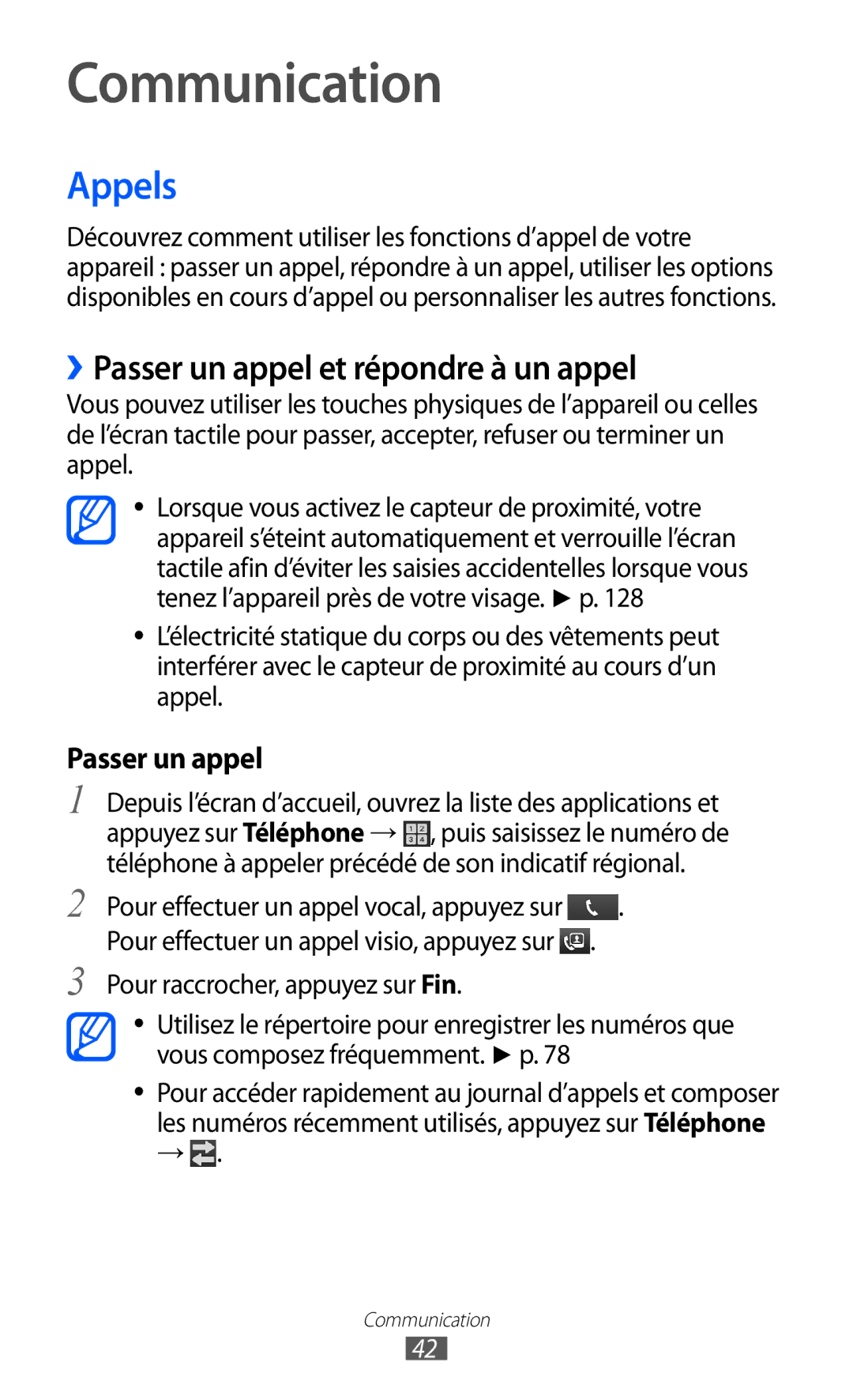 Samsung GT-I9100LKNXEF, GT-I9100LKNFTM, GT-I9100RWNLPM manual Communication, Appels, ››Passer un appel et répondre à un appel 