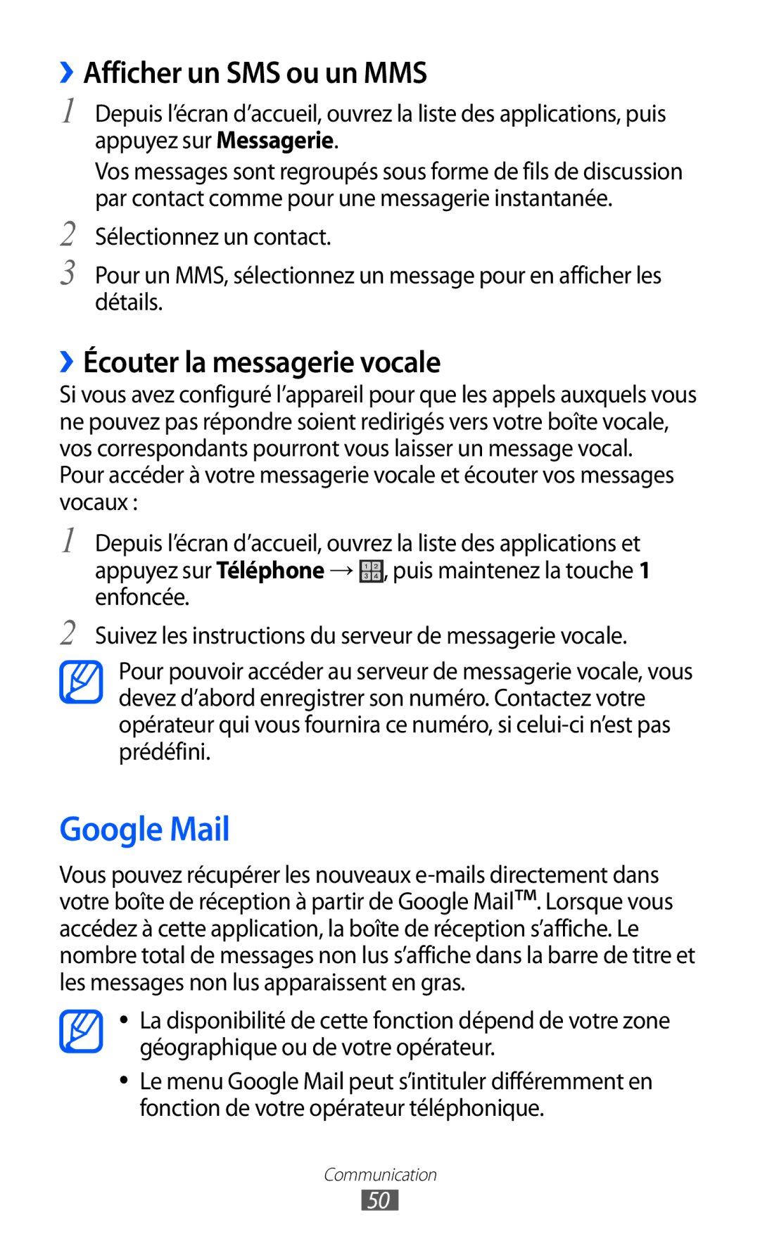 Samsung GT-I9100LKNSFR, GT-I9100LKNFTM manual Google Mail, ››Afficher un SMS ou un MMS, ››Écouter la messagerie vocale 
