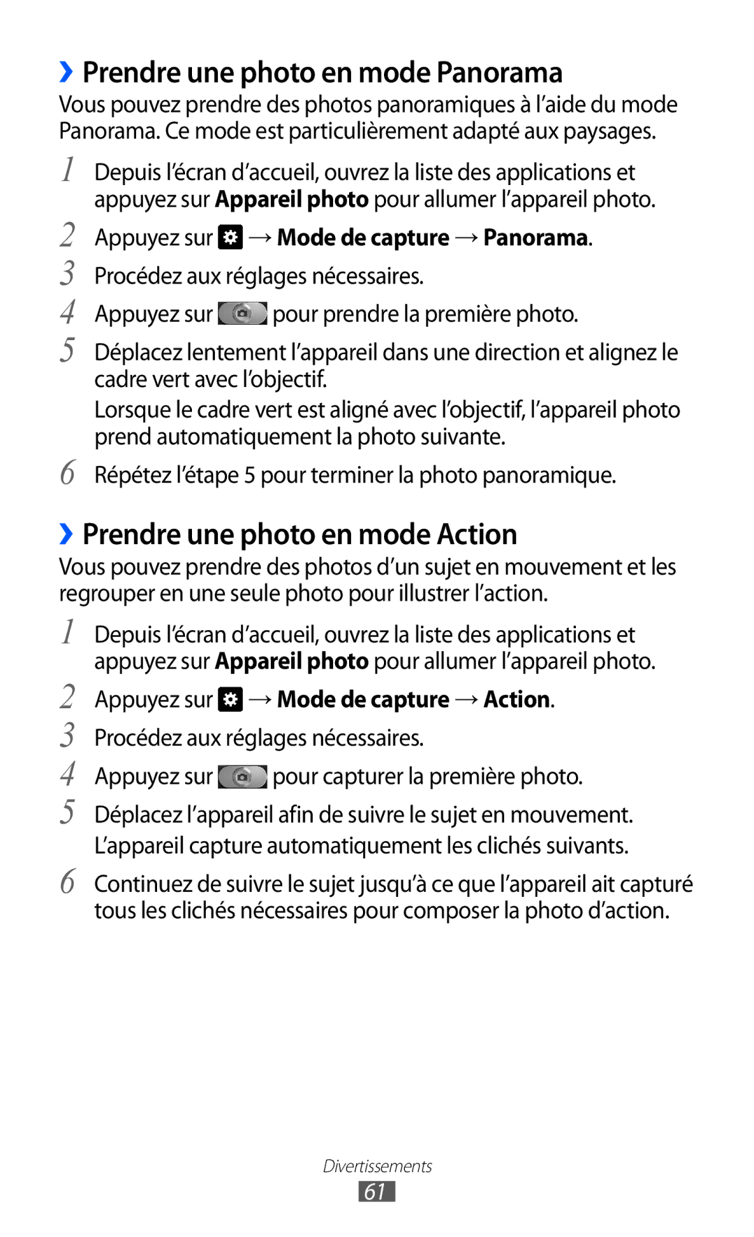 Samsung GT-I9100RNWNRJ, GT-I9100LKNFTM manual ››Prendre une photo en mode Panorama, ››Prendre une photo en mode Action 