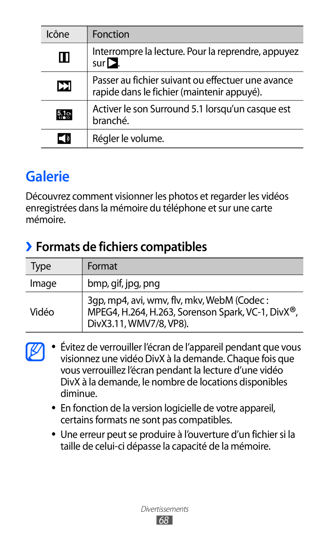 Samsung GT-I9100LKNXEF, GT-I9100LKNFTM, GT-I9100RWNLPM, GT-I9100RWNBOG manual Galerie, Formats de fichiers compatibles 