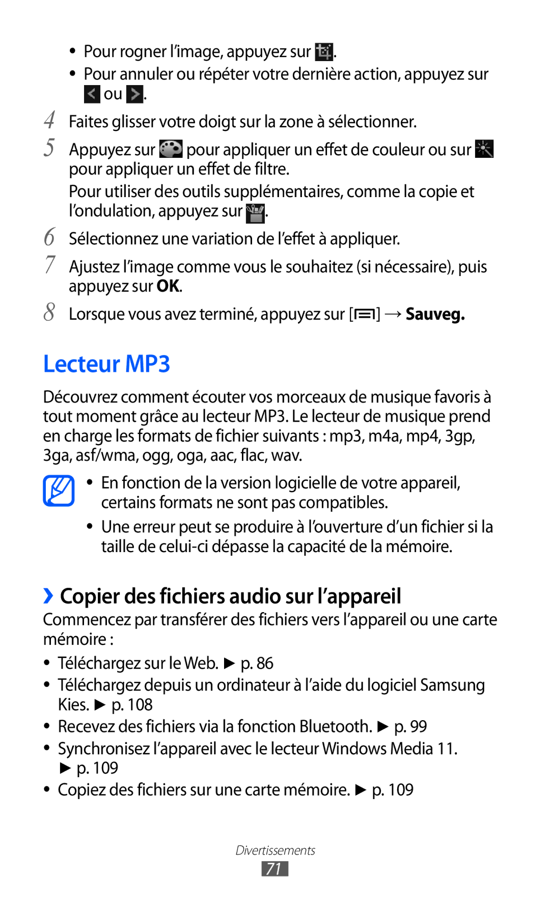 Samsung GT-I9100SWNNRJ, GT-I9100LKNFTM, GT-I9100RWNLPM manual Lecteur MP3, ››Copier des fichiers audio sur l’appareil 