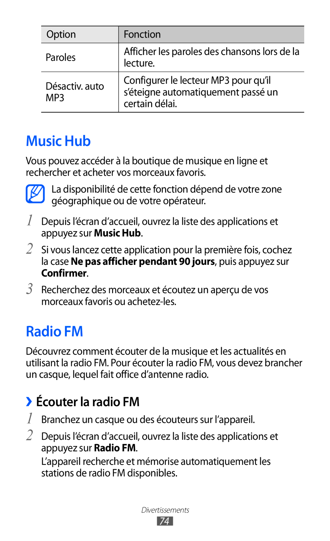 Samsung GT-I9100RNWNRJ, GT-I9100LKNFTM, GT-I9100RWNLPM, GT-I9100RWNBOG manual Music Hub, Radio FM, ››Écouter la radio FM 